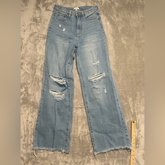 BP Wide Leg High Waist Jeans Women’s 26 Light Wash Distressed Raw Hem - Picture 1 of 11